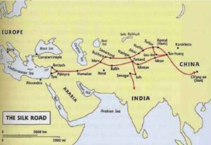 Silk Road Map showing ancient trade routes passing through Kashmir