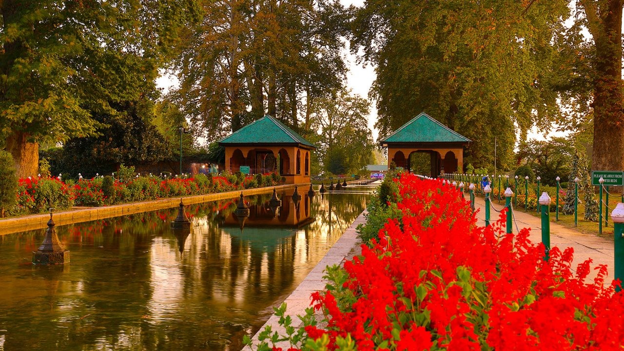 kashmir-mughal-garden-canal-sunset-red-flowers